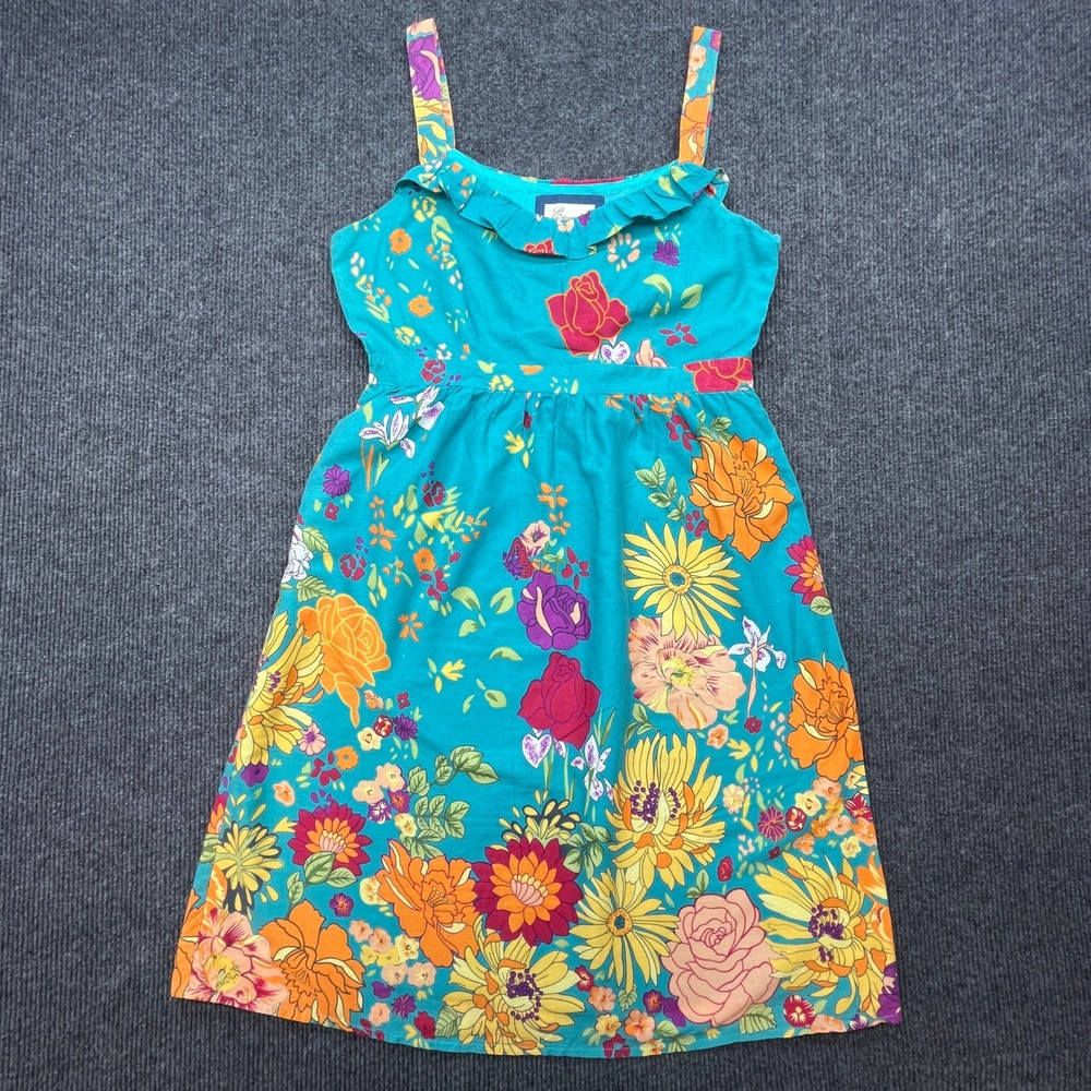 Emmelee Floral Sun Dress Turquoise Blue Ruffle Empire Waist Boho Summer Small - Picture 2 of 6